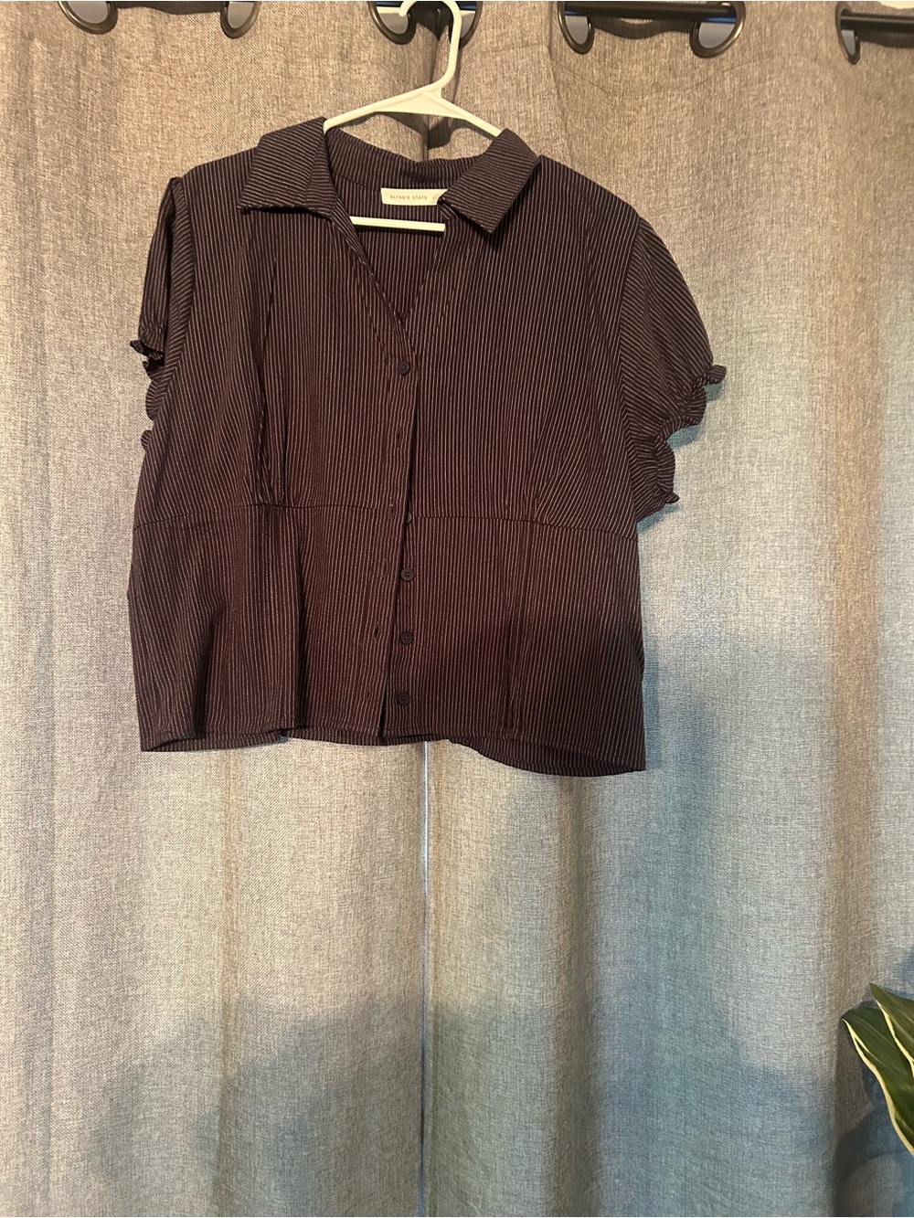 Altar'd State Black Pinstripe Button-Up Ruffled Sleeve Top
